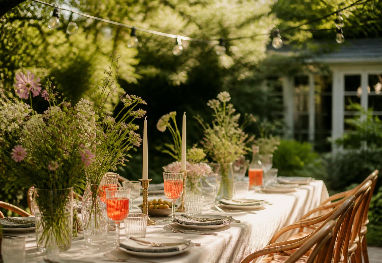 A summer garden party table set under festoon lights with cocktails and flowers